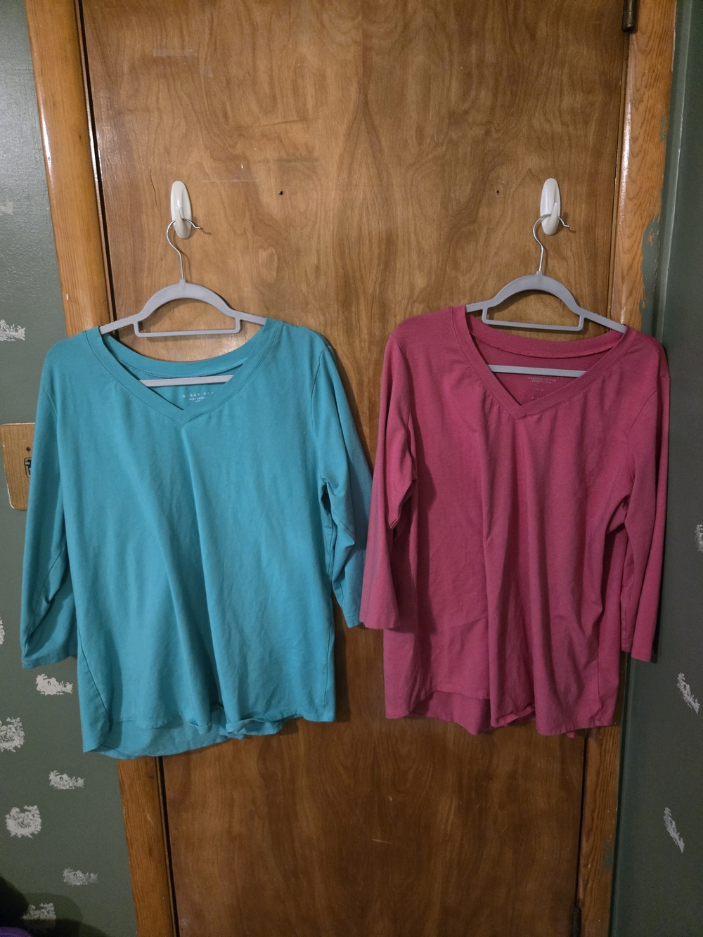 Susan Graver V-Neck Long Sleeve Tops in Teal and Rose